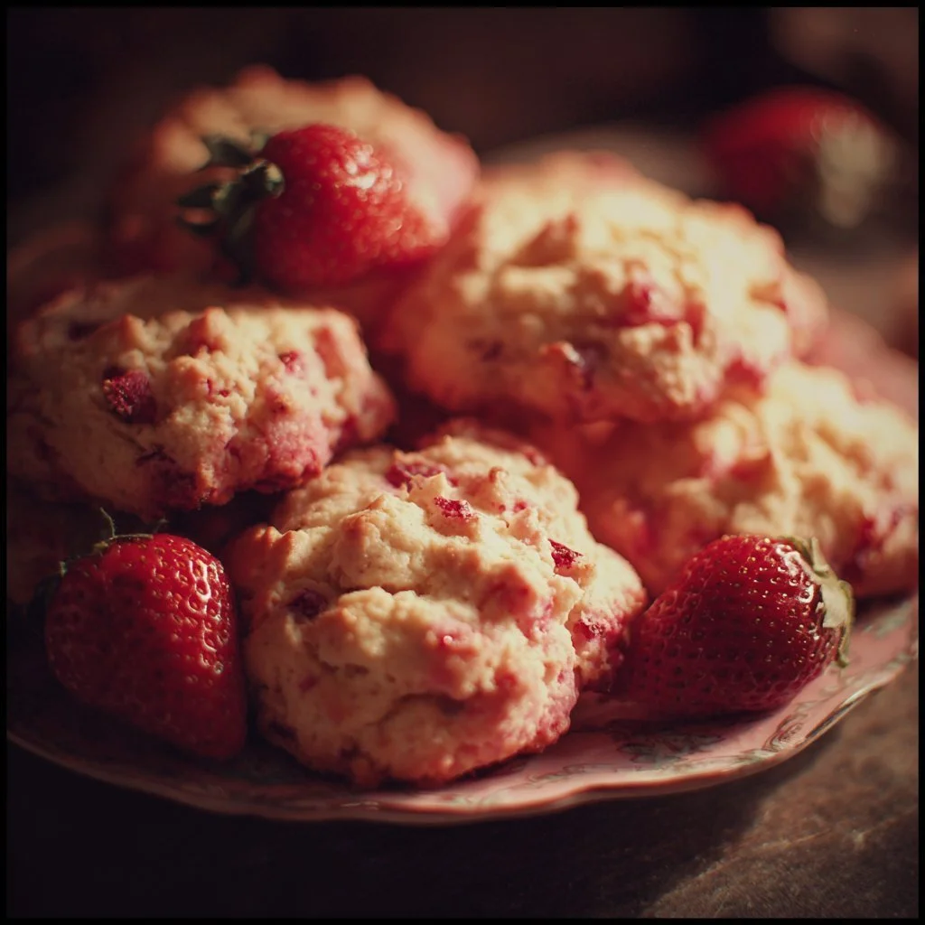 Strawberry Cookies 1 Freshly baked strawberry cookies with vibrant strawberries on top.