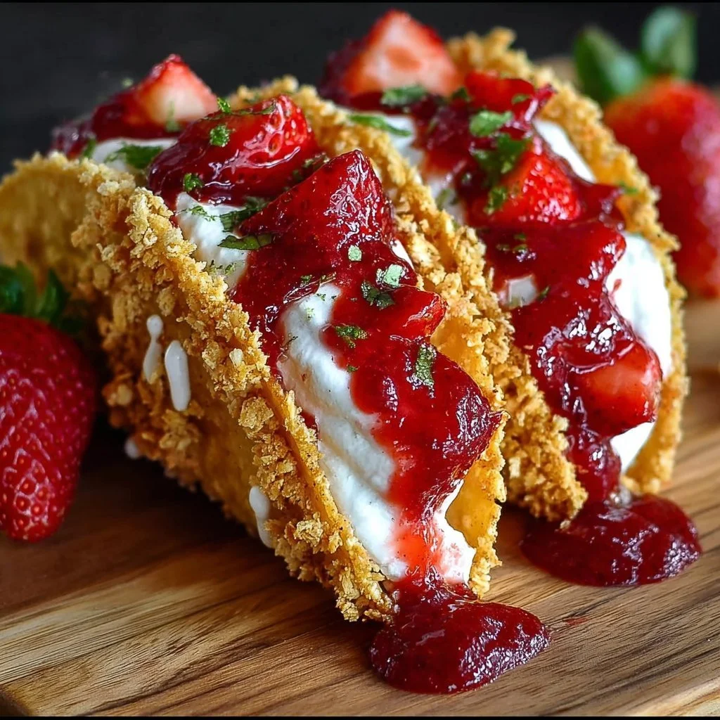 Strawberry Crunch Cheesecake Tacos 1 Strawberry Crunch Cheesecake Tacos with fresh strawberries and crunchy topping.