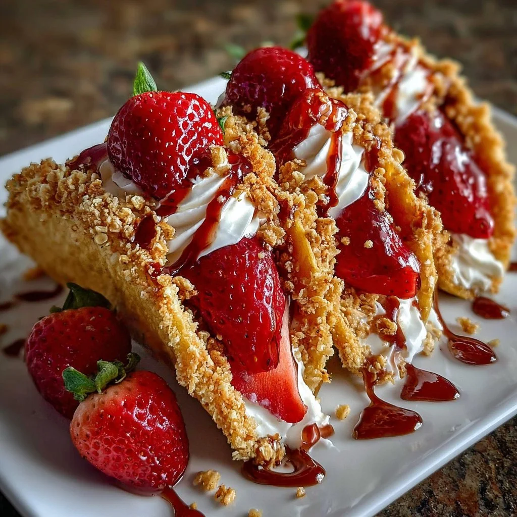 Strawberry Crunch Cheesecake Tacos topped with strawberries and crunchy crumbs
