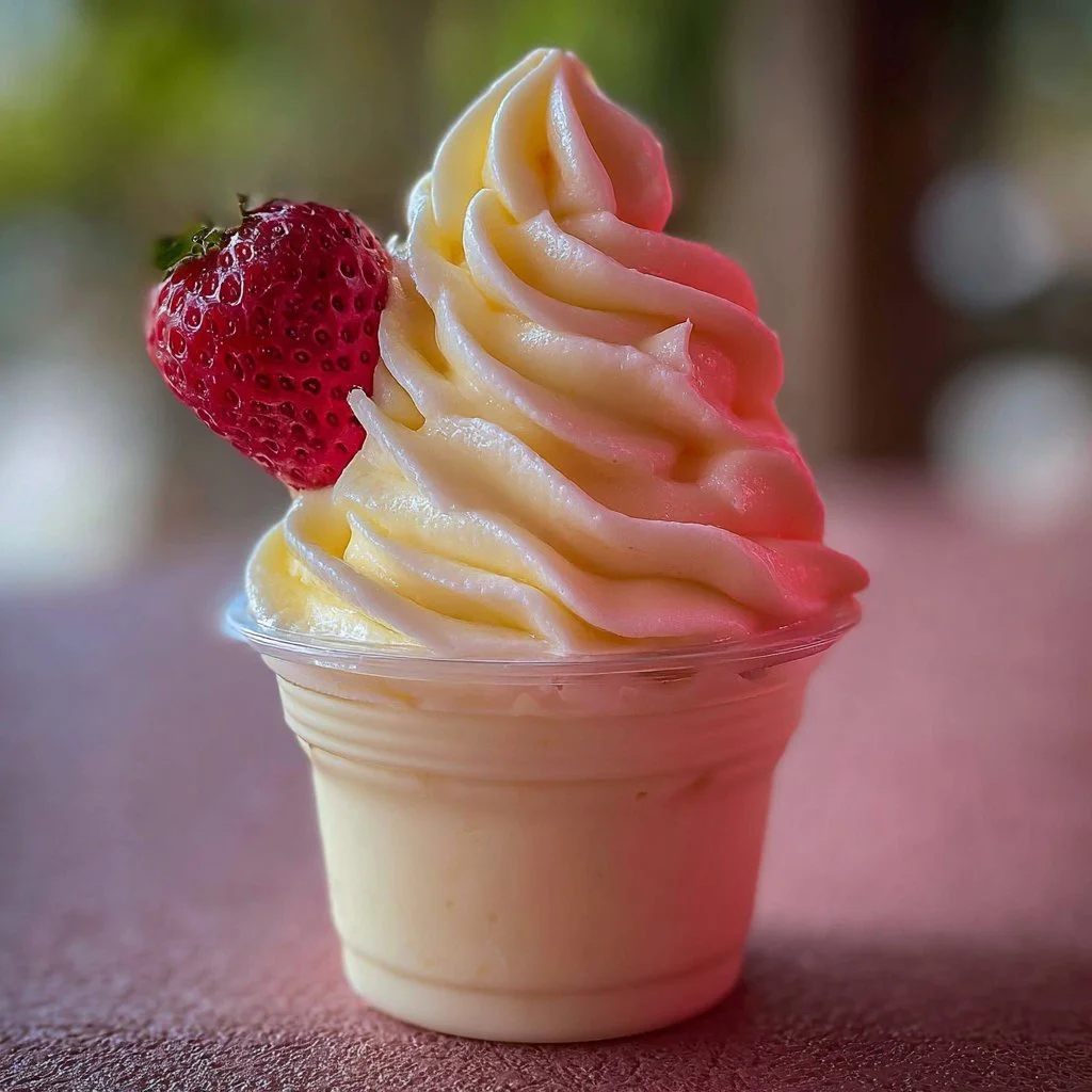 Strawberry Dole Whip dessert served in a tropical setting