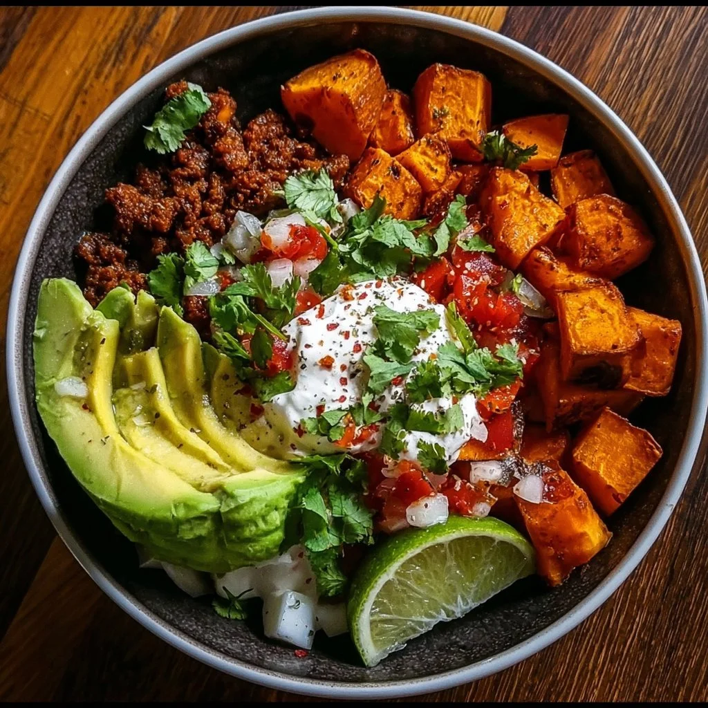 Colorful sweet potato taco bowl topped with fresh vegetables and sauce