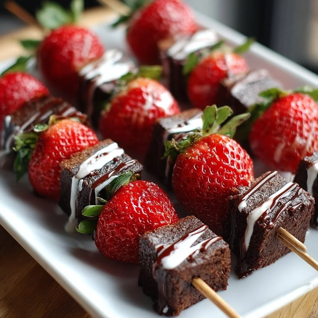 Sweet Strawberry Brownie Kabobs 1 Delicious strawberry brownie kabobs served on skewers with chocolate drizzle