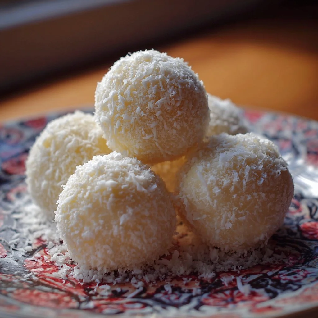 Delicious sweetened condensed milk snowballs on a plate.
