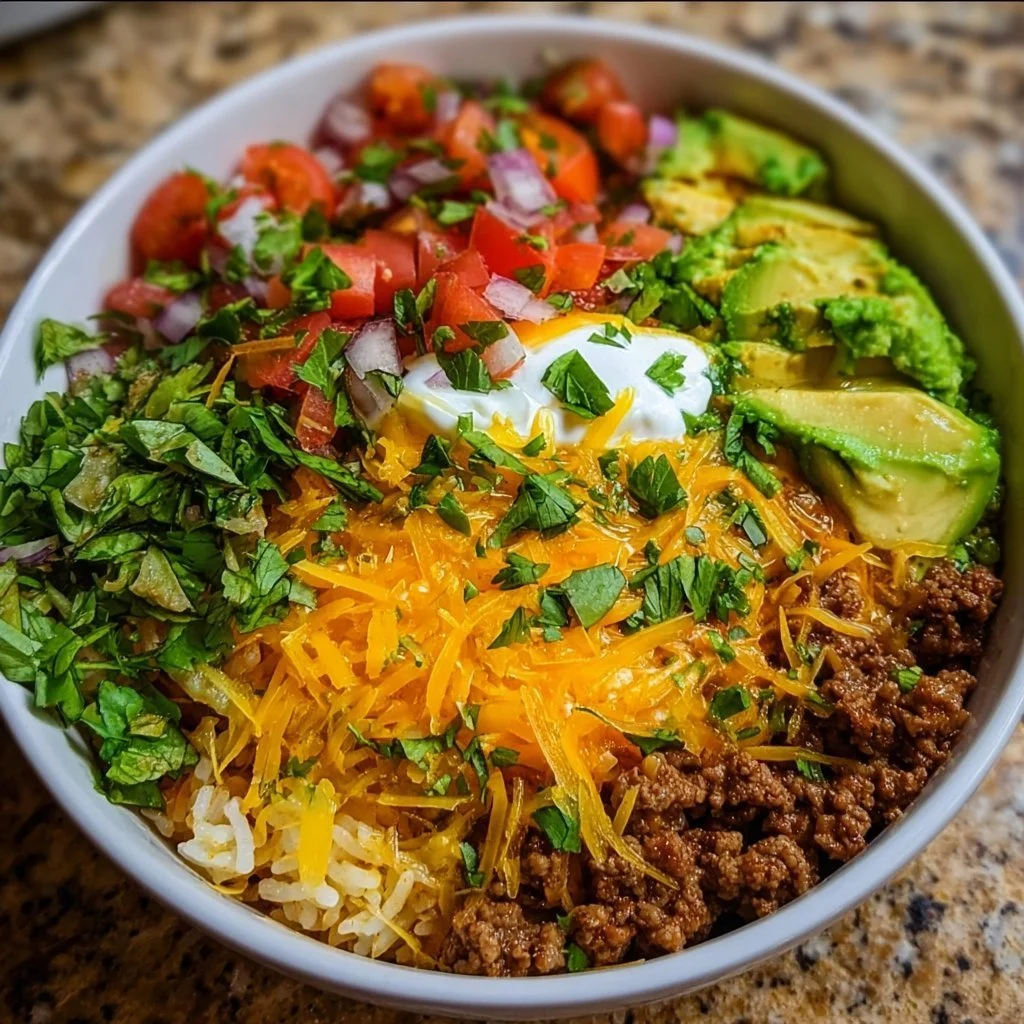 Taco Rice Bowl 1 Delicious Taco Rice Bowl with seasoned beef, rice, avocado, and fresh veggies