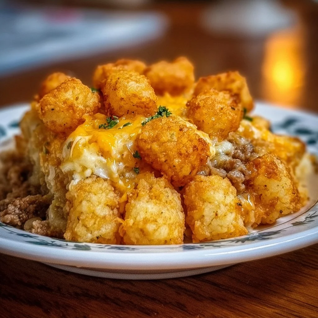 Tater Tot Casserole topped with golden brown tater tots and melted cheese