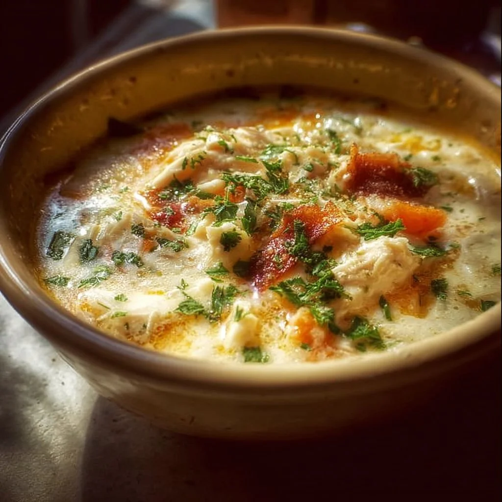 Bowl of delicious Crack Chicken Soup with herbs and spices