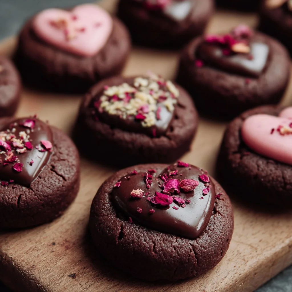 Valentine Ganache Cookies with chocolate drizzle and heart-shaped decorations