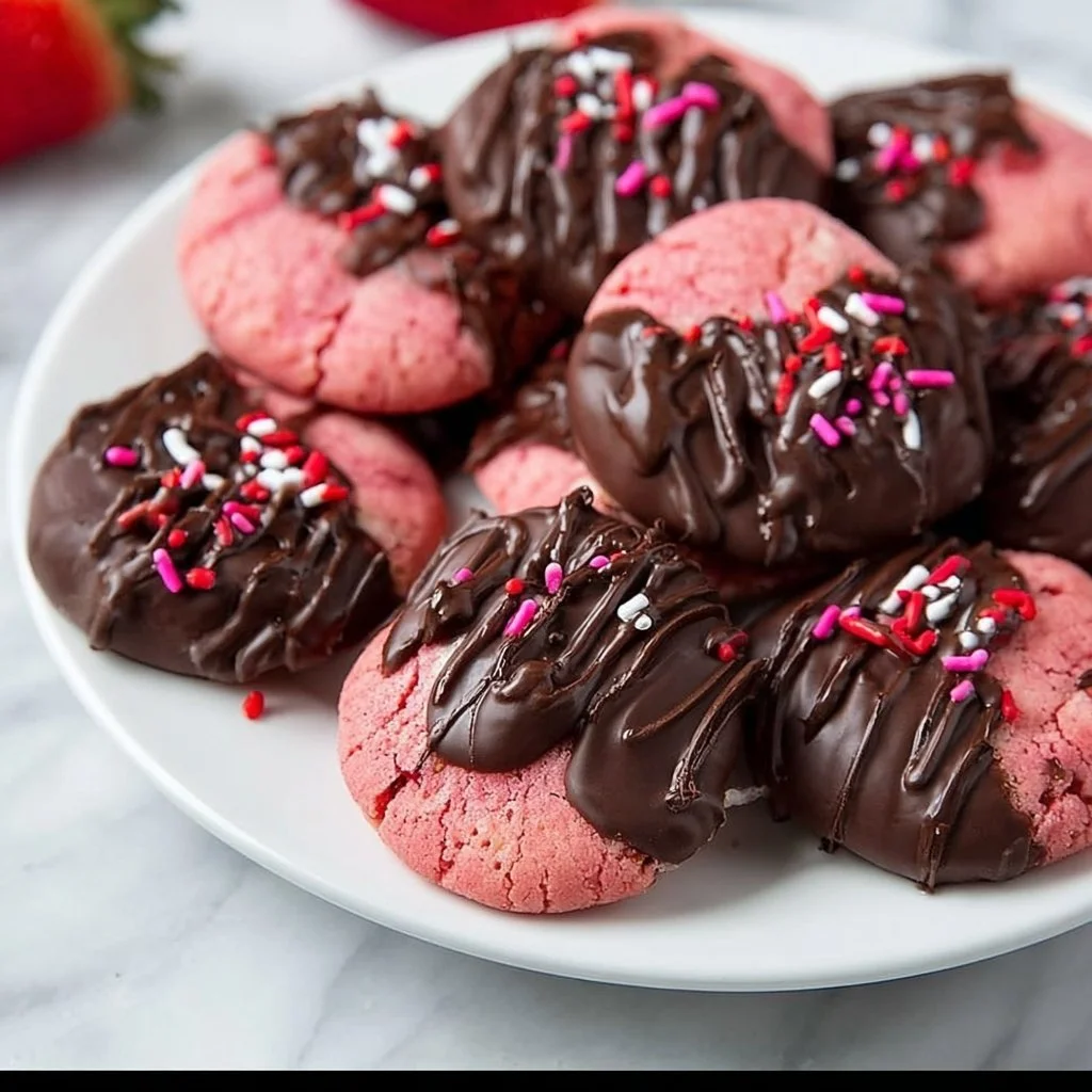 Plate of Valentine's Day chocolate covered strawberry cookies