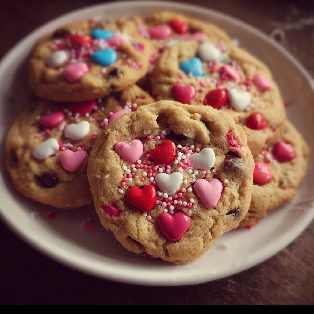 Valentine's Day M&M cookies arranged on a decorative plate.