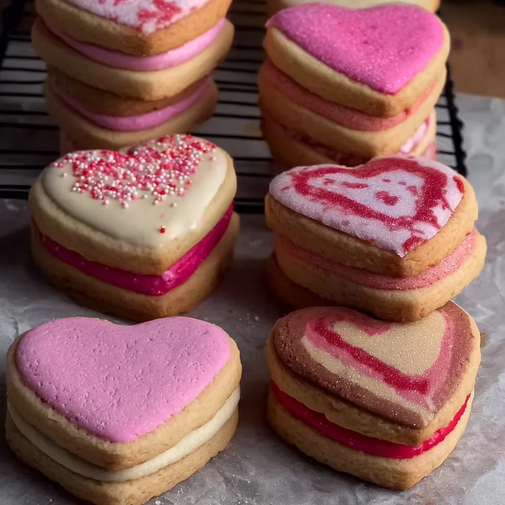 Valentine's Day themed sandwich cookies decorated with hearts and icing.