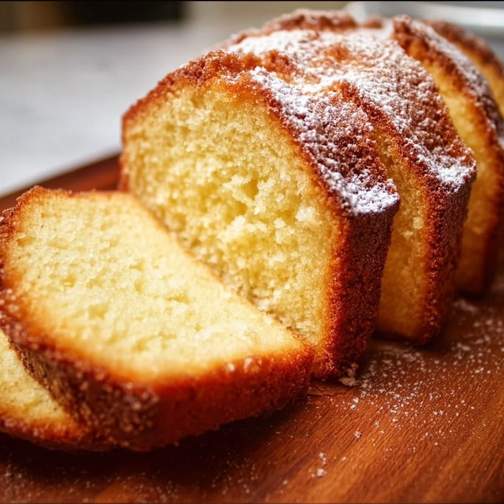 Delicious homemade Vanilla Pound Cake on a rustic wooden table.