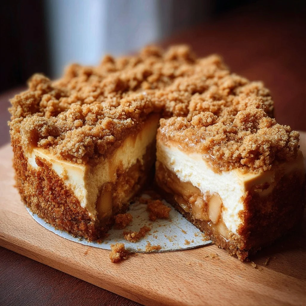 Delicious Vegan Apple Crumble Cheesecake topped with oat crumble