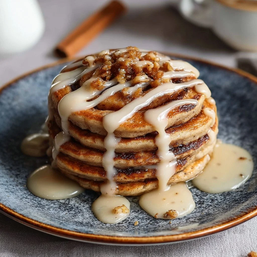 Fluffy vegan cinnamon roll pancakes drizzled with icing