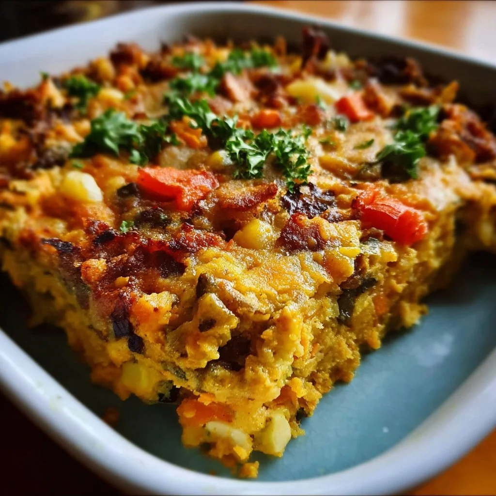 Vegan High-Protein Casserole 1 Delicious vegan high-protein casserole with colorful vegetables