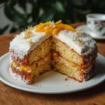 Vegan mango coconut cake topped with fresh mango slices and shredded coconut