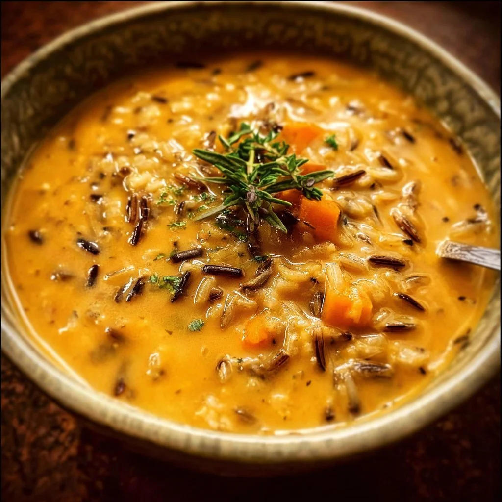 Bowl of vegan pumpkin wild rice soup garnished with herbs and spices