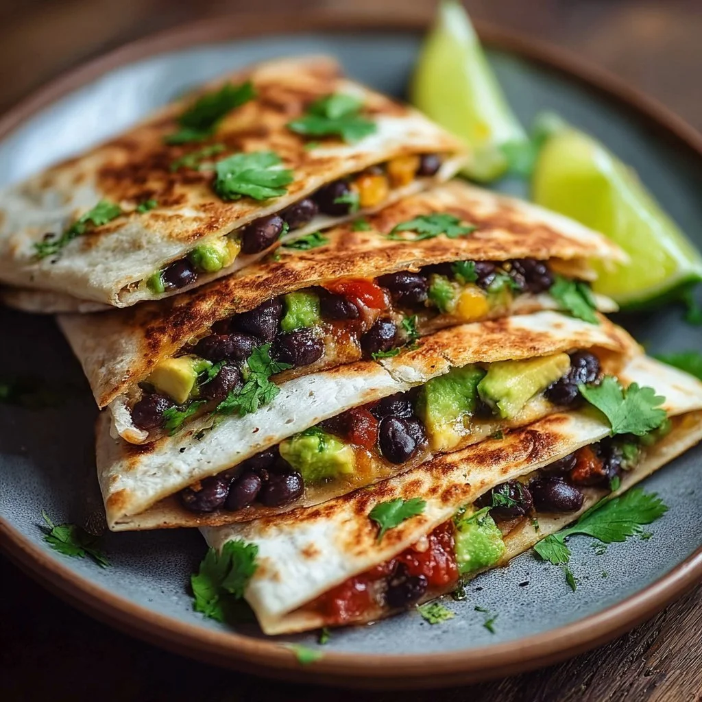 Vegan Quesadillas with Black Beans and Avocado 1 Vegan quesadillas filled with black beans and avocado on a plate