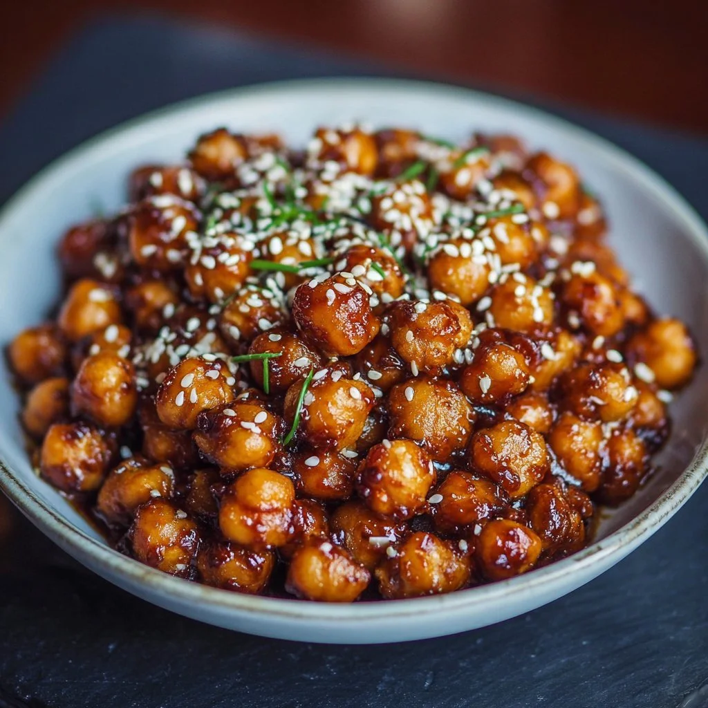 Vegan Sticky Sesame Chickpeas served in a bowl, garnished with sesame seeds and greens.