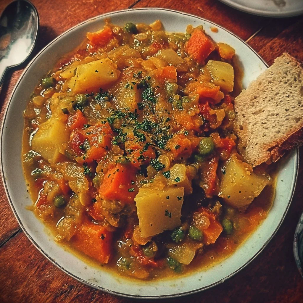 Bowl of colorful Vegan Vegetable Stew with fresh vegetables and herbs