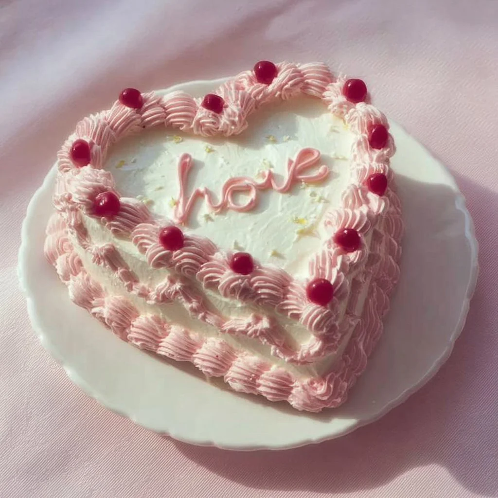 White heart-shape cake decorated with pink buttercream icing.