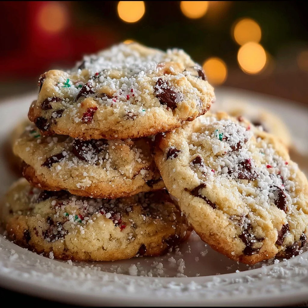 Delicious Winter Wonderland Chocolate Chip Cookies with chocolate chunks and festive decorations