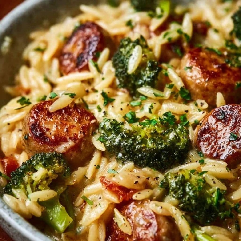 One-Pan Creamy Orzo with Chicken Sausage and Broccoli