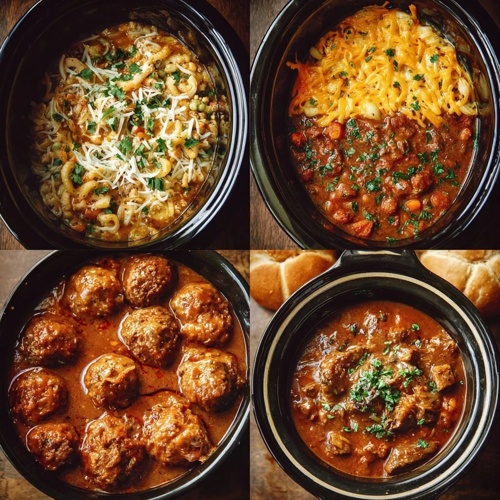 30 Game Day Potluck Crockpot Recipes 3 A variety of game day potluck crockpot recipes ready to serve at a gathering.