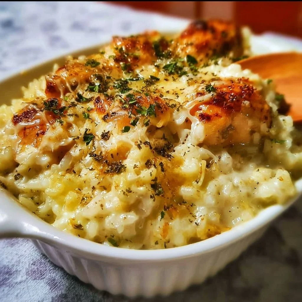 Delicious Angel Chicken Rice Casserole served in a baking dish