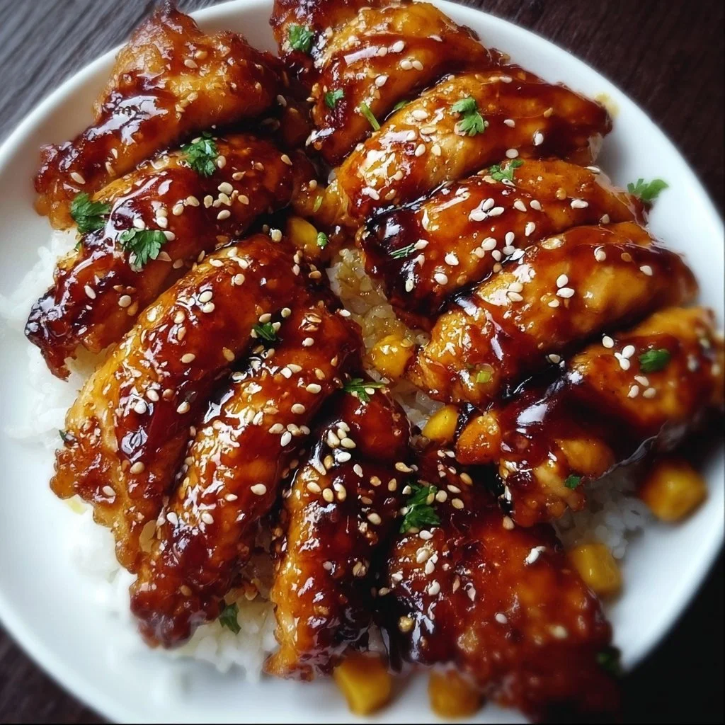 Asian Mango Glazed Chicken Twists served on a plate highlighting the juicy glaze