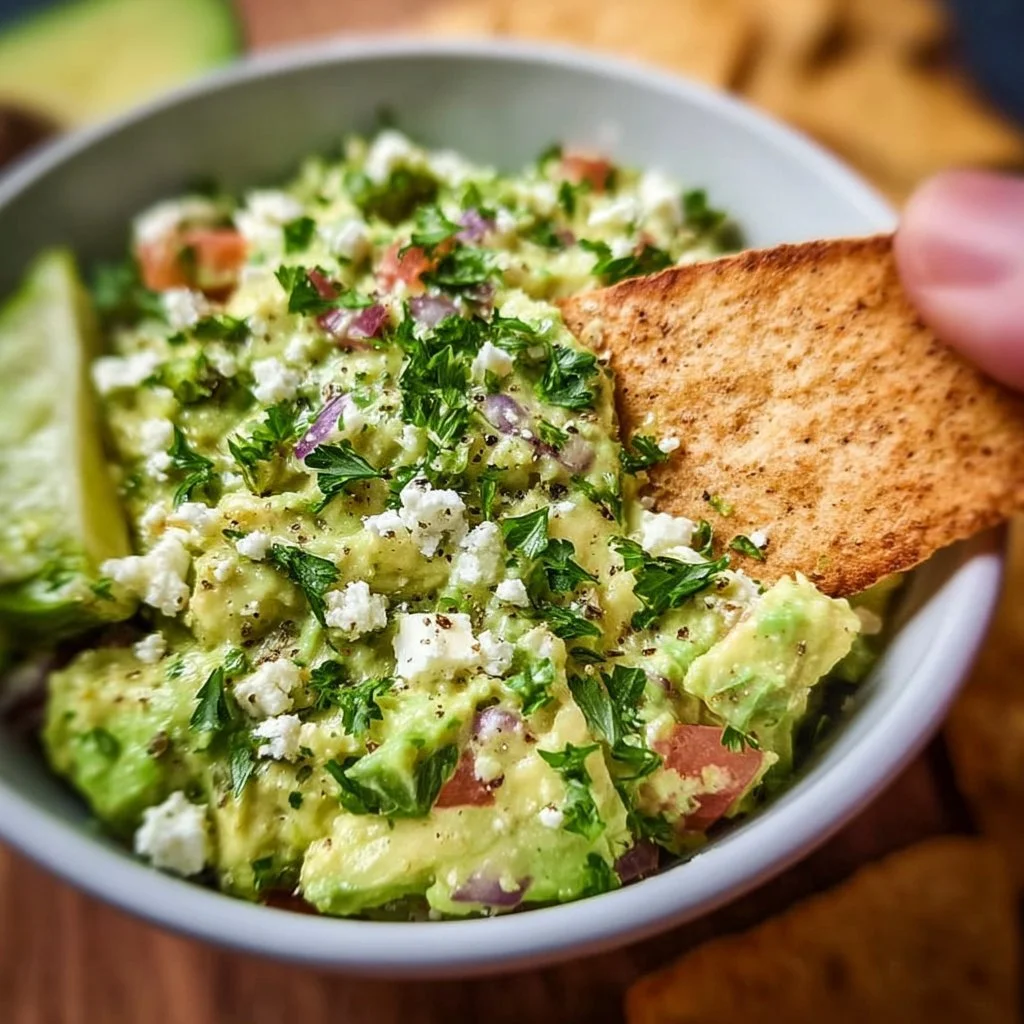 Avocado Feta Dip 3 Creamy avocado feta dip served with pita chips and fresh vegetables