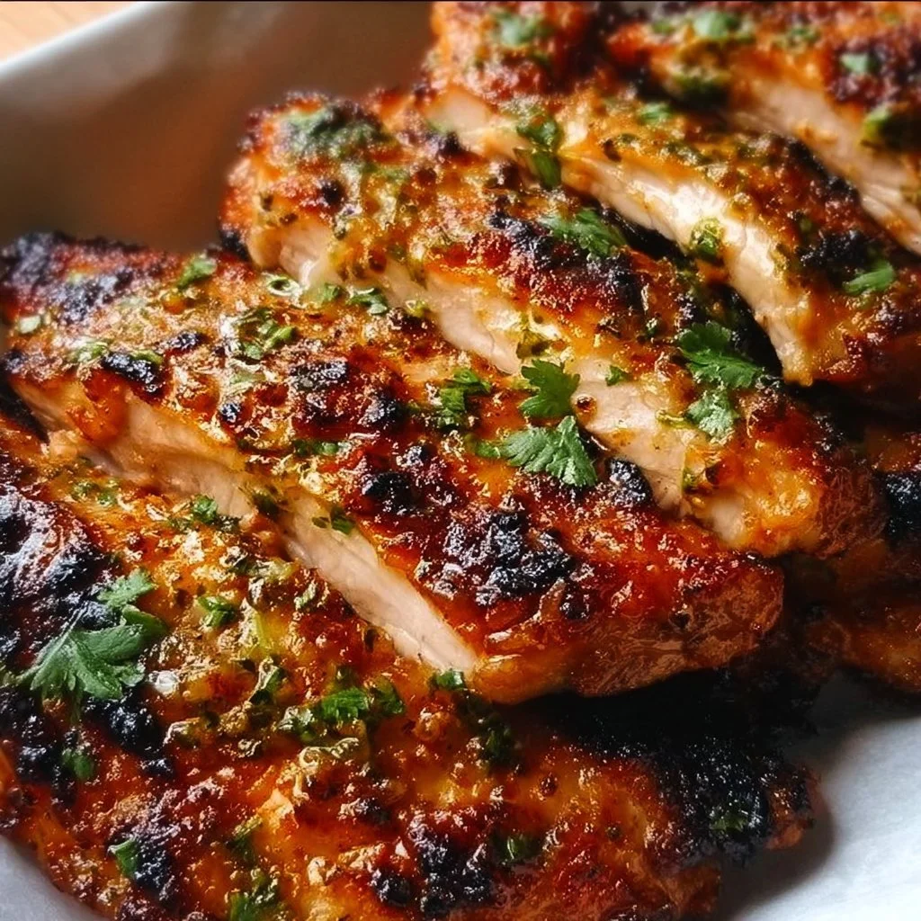 Juicy baked boneless chicken thighs on a plate with herbs