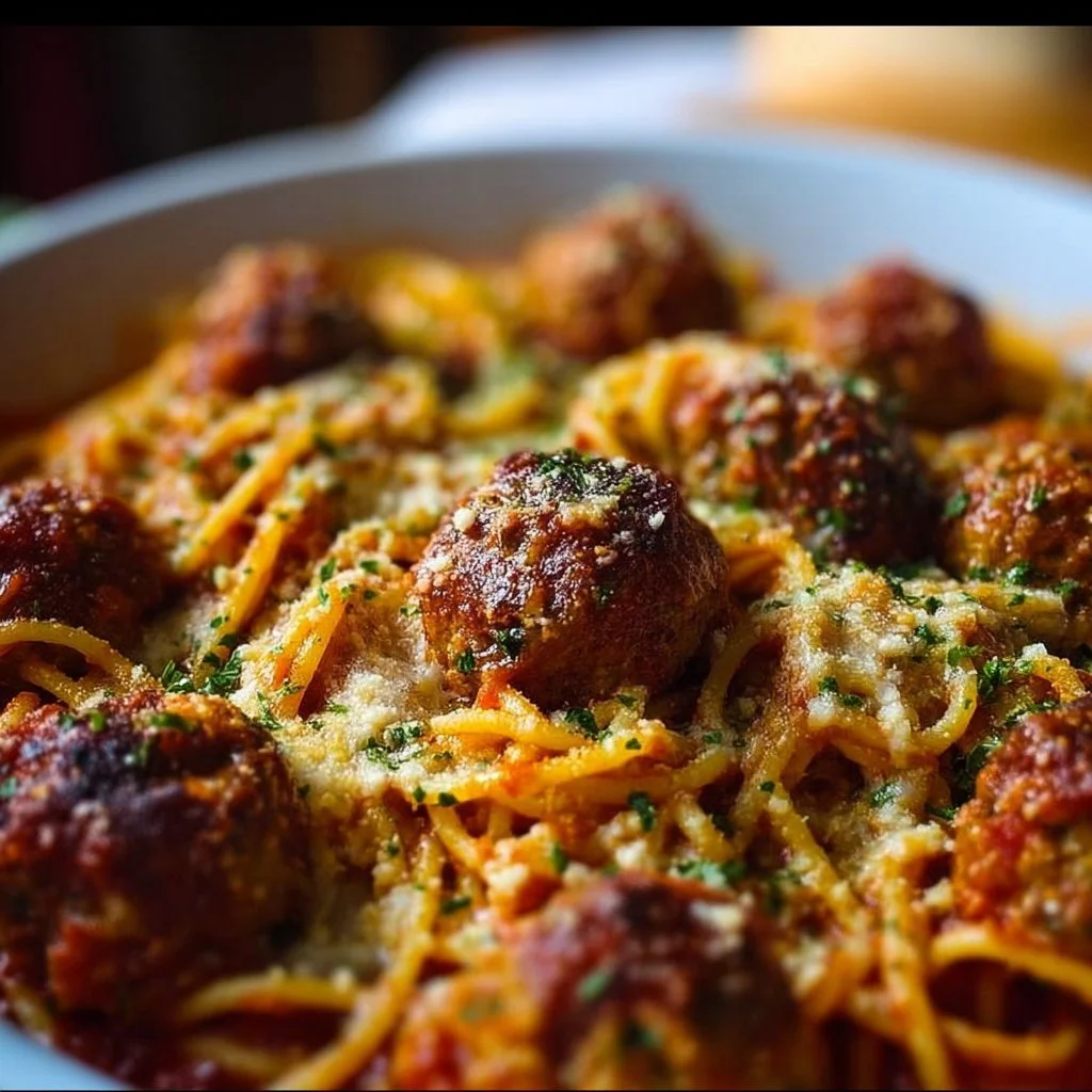 Baked spaghetti meatballs served in a casserole dish with melted cheese