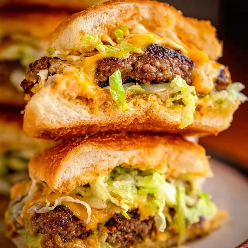 Big Mac Sliders 3 Delicious Big Mac Sliders served on a platter with fresh ingredients