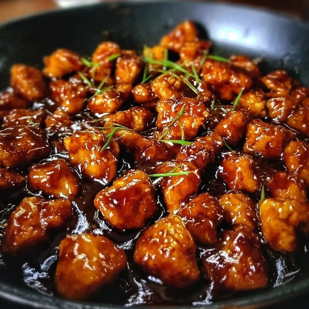 Delicious Bourbon Chicken served with a rich, flavorful sauce