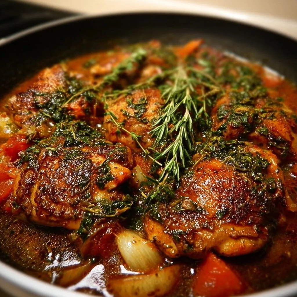 Plate of Braised Catalina Chicken garnished with herbs, showcasing a delicious meal.