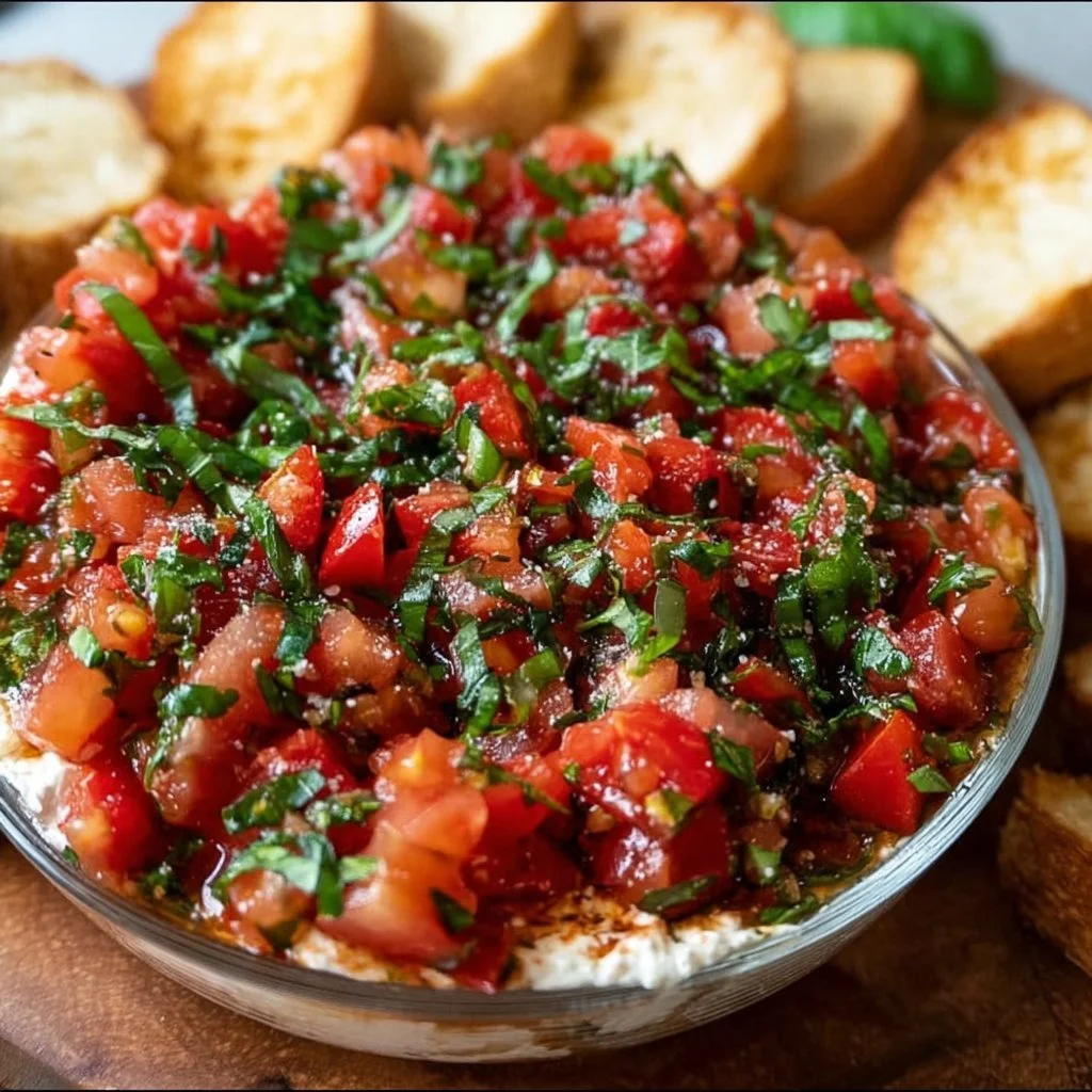 Delicious bruschetta dip served in a bowl with fresh ingredients