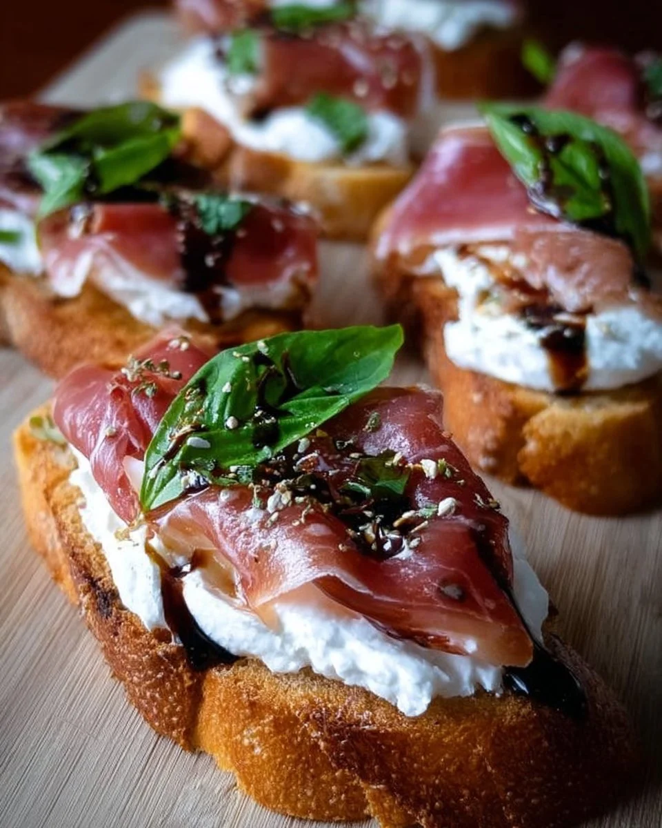 Burrata & Prosciutto Crostini 1 Burrata and prosciutto crostini topped with fresh herbs on a wooden serving board.