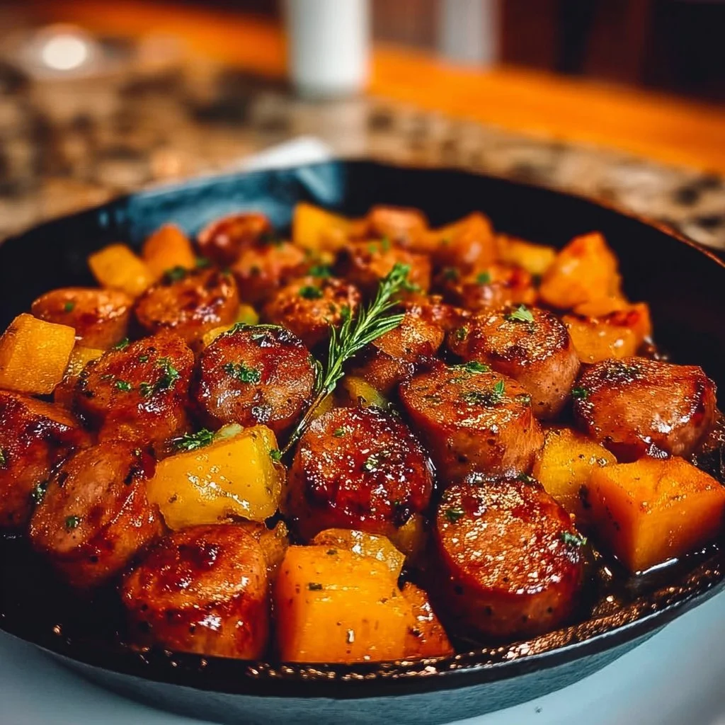 Caramelized sausage and sweet potatoes skillet dinner ready to serve.