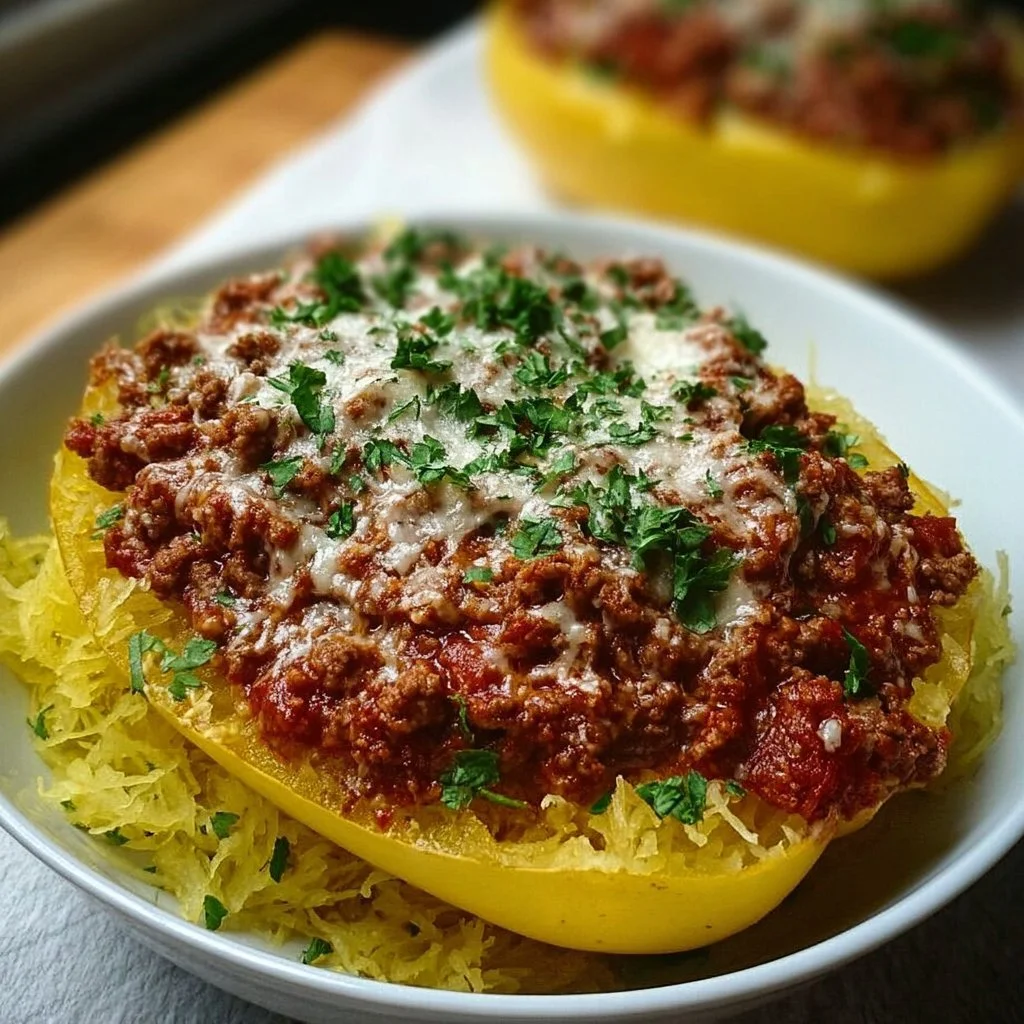 Cheesy garlic and herb spaghetti squash with meat sauce served on a plate