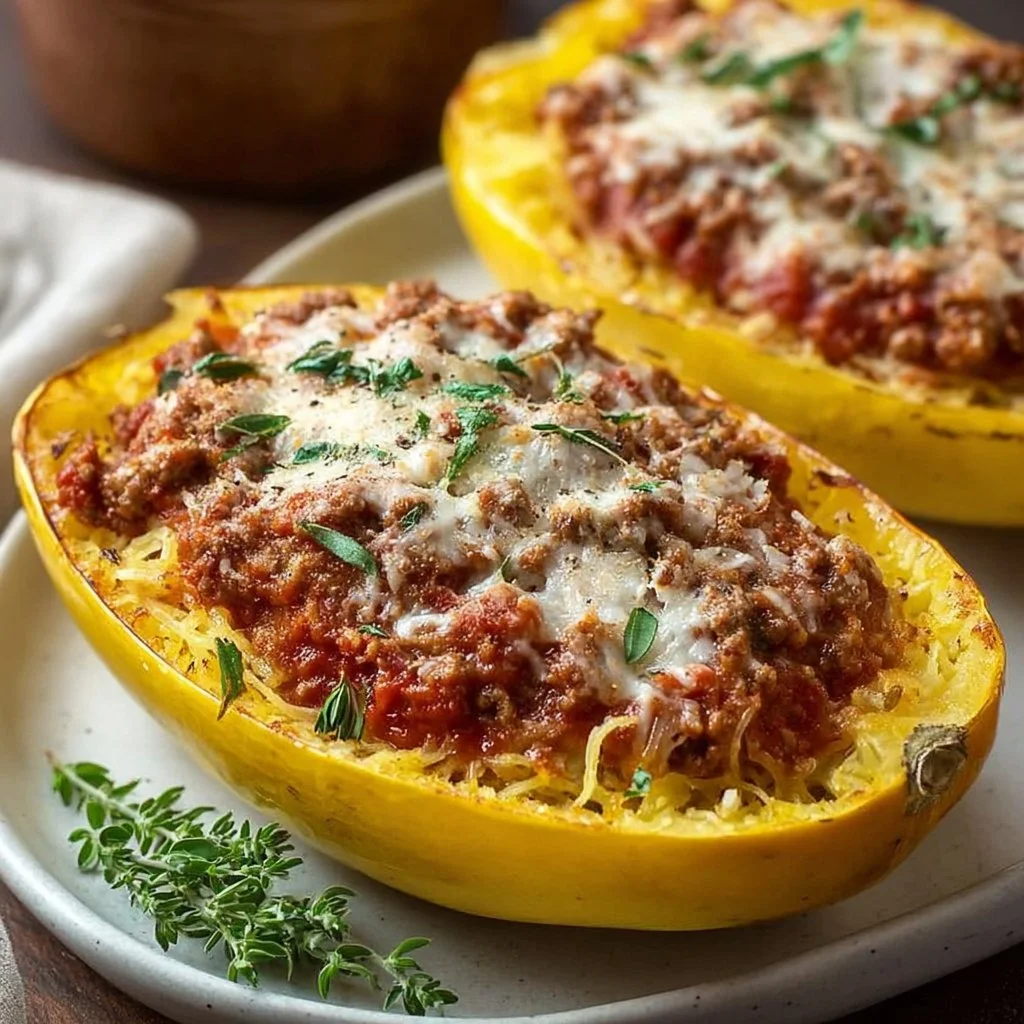 Cheesy Garlic and Herb Spaghetti Squash with Meat Sauce