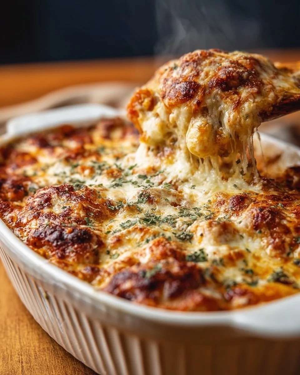 Delicious Chicken Parmesan Casserole topped with melted cheese and marinara sauce