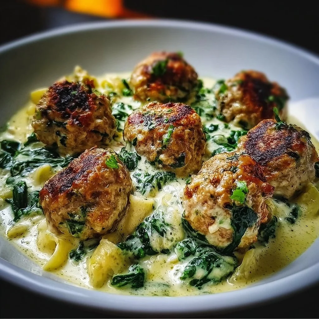 Chicken Ricotta Meatballs served with creamy spinach Alfredo sauce