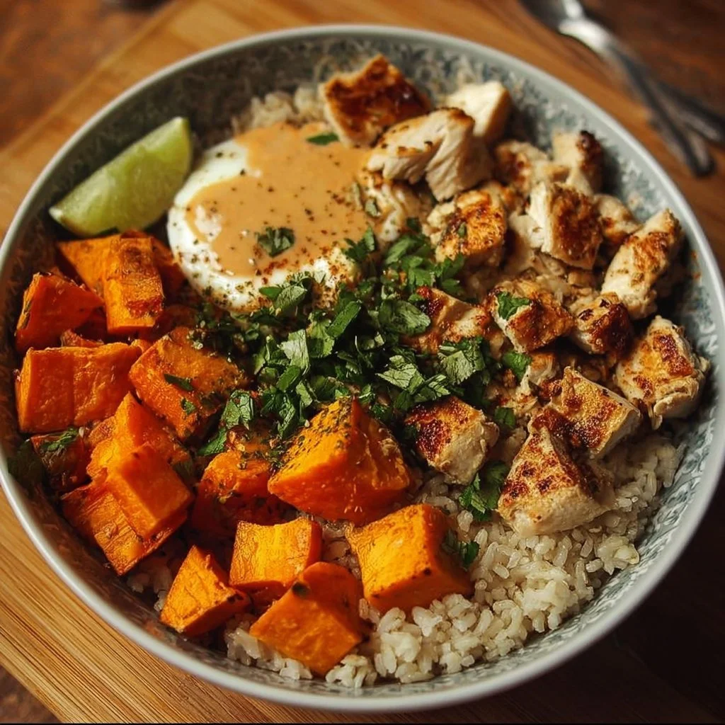 Delicious Chicken & Sweet Potato Rice Bowl, a healthy meal option.