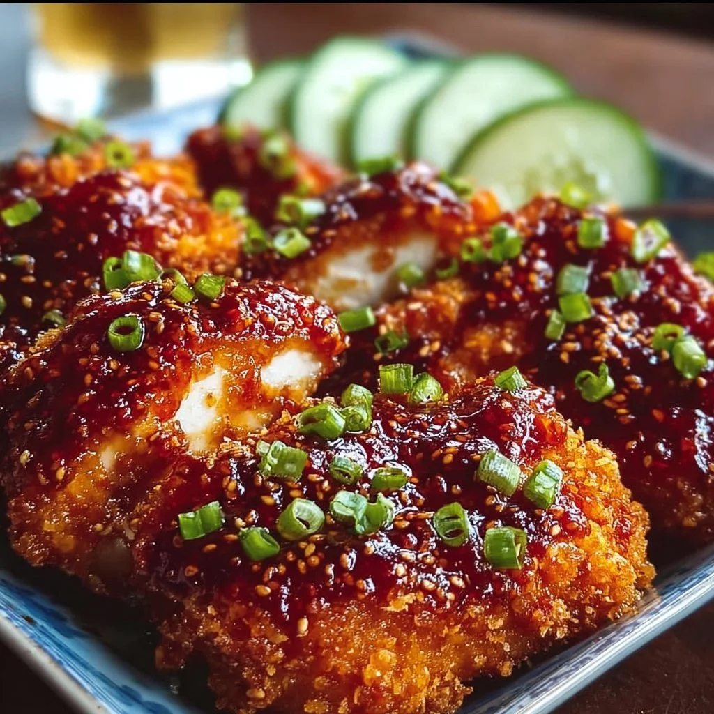 Delicious Classic Baked Crunchy Hot Honey Chicken garnished and ready to serve