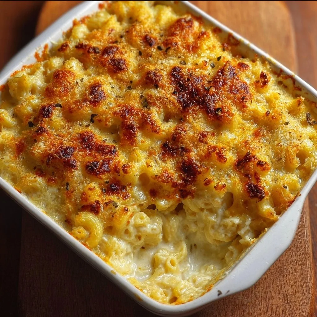 Delicious classic baked mac and cheese topped with golden breadcrumbs.