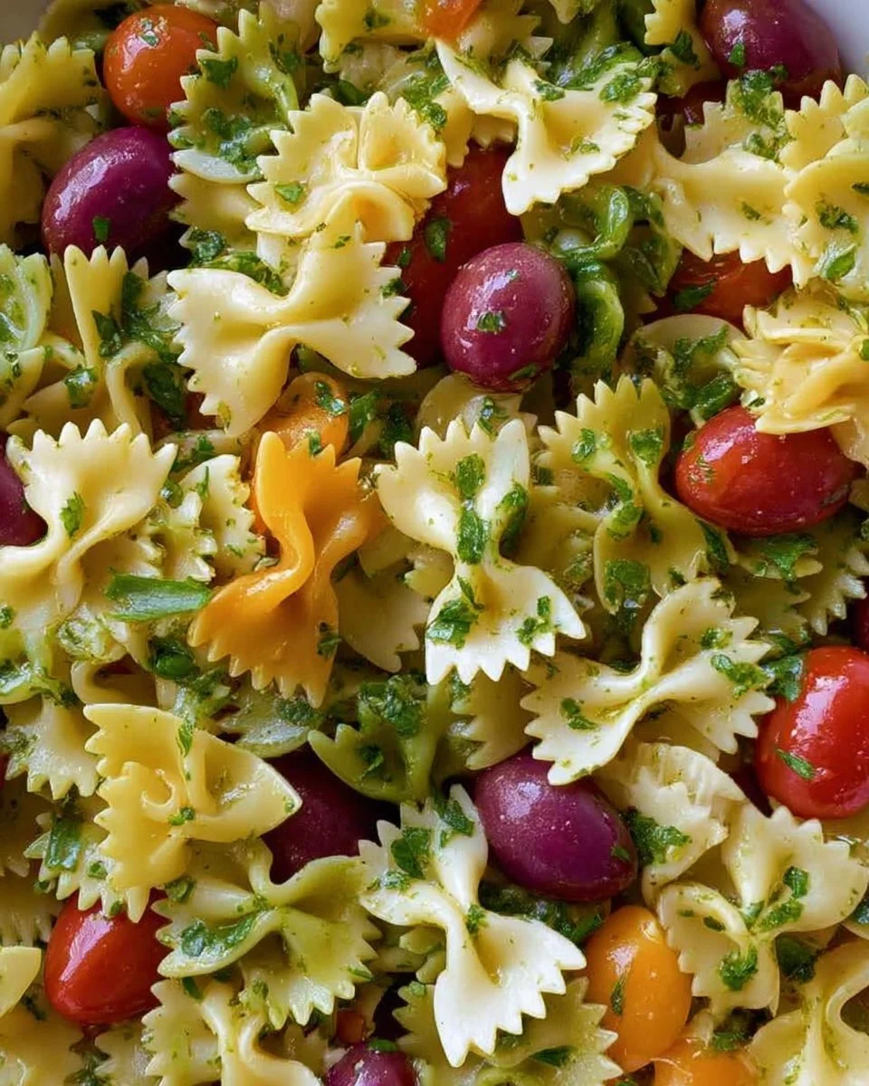 Colorful Bow Tie Pasta Salad 1 Colorful bow tie pasta salad with fresh vegetables and dressing