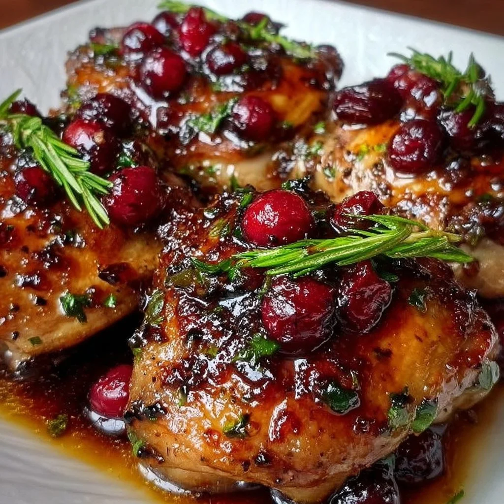 Delicious Cranberry Balsamic Chicken Thighs served with fresh herbs.
