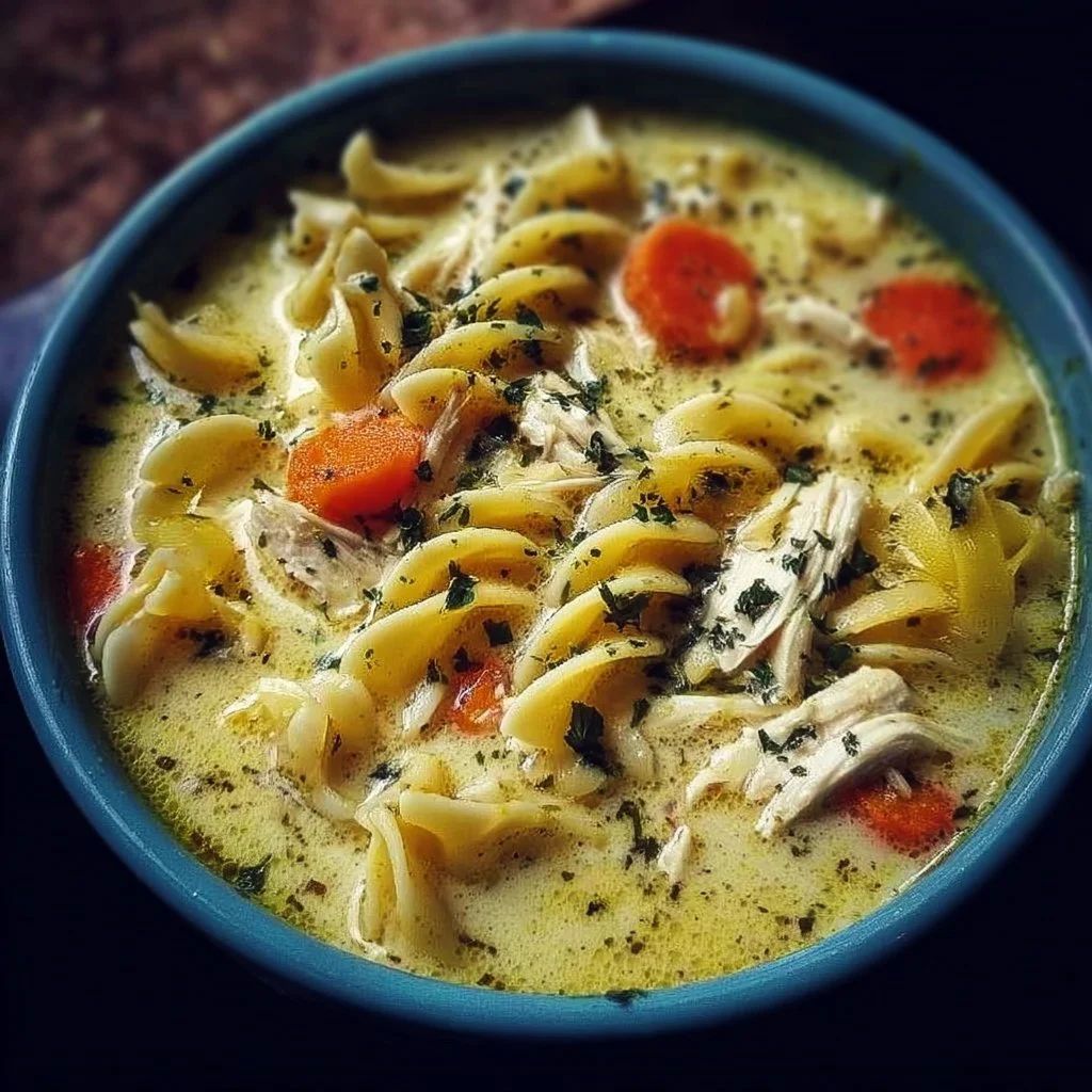 Bowl of creamy chicken noodle soup with vegetables and noodles.