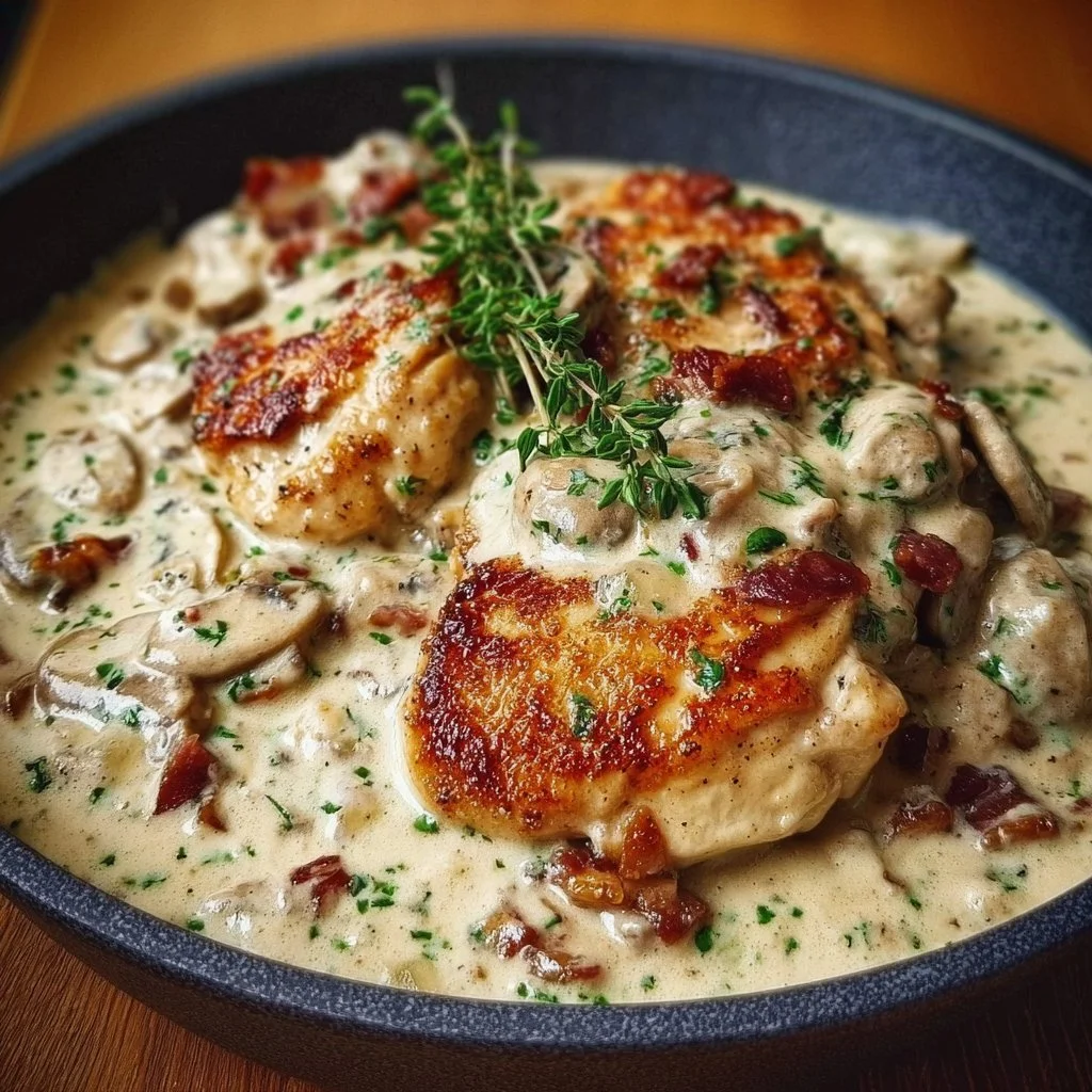 Creamy Chicken Supreme dish served on a white plate with a garnish
