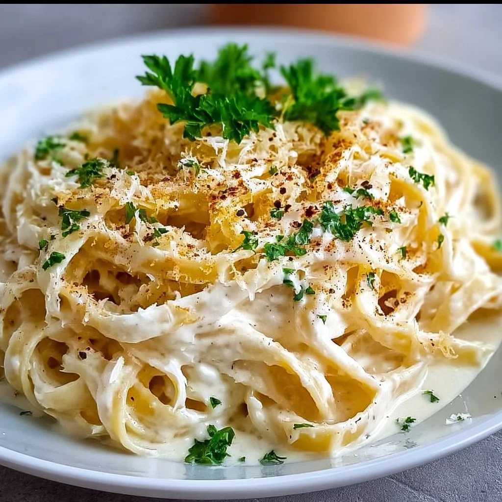 Creamy Fettuccine Alfredo served with parsley garnish